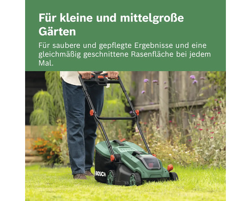 Eine Person mäht einen grünen Rasen mit einem Bosch Akku-Rasenmäher in einem Garten für ein sauberes und gleichmäßiges Ergebnis.
