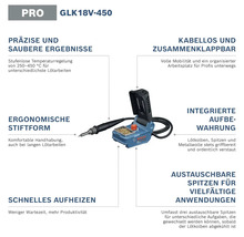 Infografik zum Bosch Akku-Lötkolben GLK 18V-450 mit Funktionen wie stufenloser Temperaturregelung und kabellosem Design.