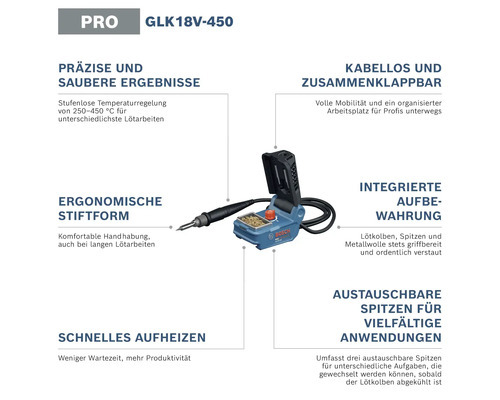 Infografik zum Bosch Akku-Lötkolben GLK 18V-450 mit Funktionen wie stufenloser Temperaturregelung und kabellosem Design.
