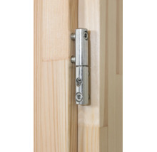 Einbohrband aus Metall an einer Tür aus hellem Holz.