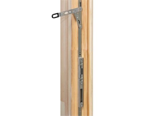 Fensterbeschlag aus Metall an einem Holzrahmen montiert, Detailansicht des Mechanismus mit Öffnungsbegrenzer und Verriegelungsschiene.
