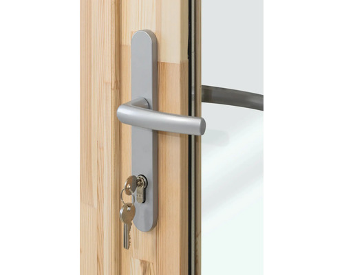 Aluminium-Türdrückergarnitur mit Langschild und Schlüssel an einer Holztür mit Glaseinsatz.