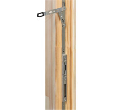 Fensterbeschlag aus Metall an einem Holzrahmen montiert, Detailansicht des Mechanismus mit Öffnungsbegrenzer und Verriegelungsschiene.