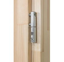 Einbohrband aus Metall an einer Holztür montiert.