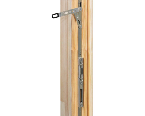 Fensterbeschlag aus Metall in einem Holzrahmen mit Scherenarm und Verriegelungsmechanismus.