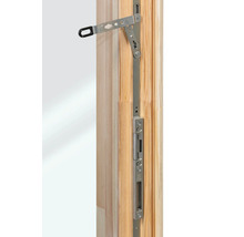 Fensterbeschlag aus Metall an einem Holzrahmen zur Verriegelung von Fenstern oder Türen.