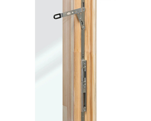 Fensterbeschlag aus Metall an einem Holzrahmen zur Verriegelung von Fenstern oder Türen.