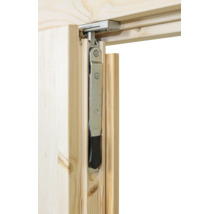 Kantriegel aus Metall an einem Holzrahmen mit schwarzem Hebel.