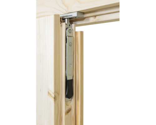 Kantriegel aus Metall an einem Holzrahmen mit schwarzem Hebel.
