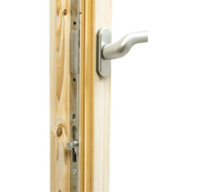 Detailansicht eines Fensterflügels aus Holz mit silberfarbenem Fenstergriff und Metall-Verriegelung.