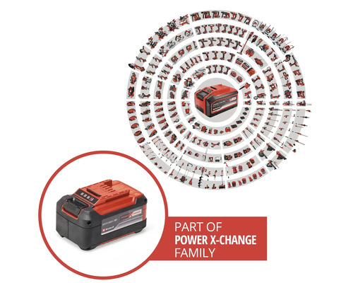 Einhell Power X-Change Akku mit einer Vielzahl an kompatiblen Werkzeugen und Gartengeräten aus dem Akku-System.