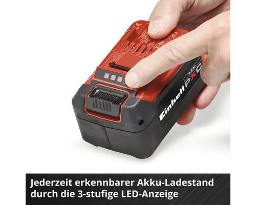 Einhell Power X-Change Akku mit einer 3-stufigen LED-Ladestandsanzeige zur Anzeige des aktuellen Ladezustands.