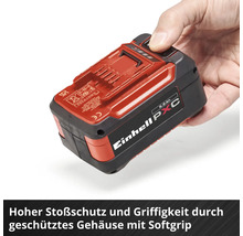 Einhell Power X-Change Akku 5,2 Amperestunden mit stoßgeschütztem Gehäuse und Softgrip-Oberfläche, von einer Hand gehalten.