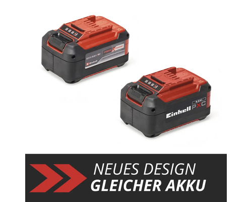 Einhell Power X-Change Akku 18 Volt 5,2 Amperestunden im Vergleich von altem und neuem Gehäusedesign.