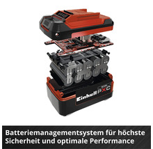 Explosionszeichnung eines Einhell Power X-Change Akkus mit 5.2 Amperestunden, Batteriemanagementsystem für Sicherheit und Performance. Einhell Logo.