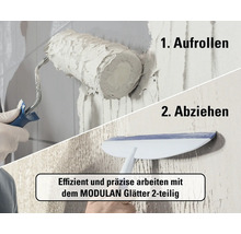 Anwendung des zweiteiligen MODULAN Glätters: Schritt eins Aufrollen der Spachtelmasse mit einer Rolle und Schritt zwei Glätten der Oberfläche.