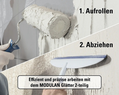 Anwendung des zweiteiligen MODULAN Glätters: Schritt eins Aufrollen der Spachtelmasse mit einer Rolle und Schritt zwei Glätten der Oberfläche.