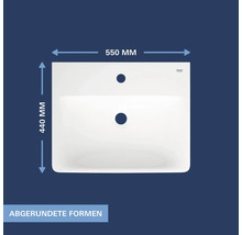 Grohe Waschbecken mit abgerundeten Formen, Breite 550 Millimeter und Tiefe 440 Millimeter.