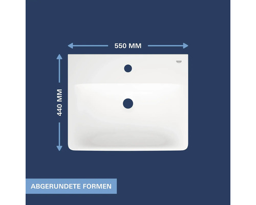 Grohe Waschbecken mit abgerundeten Formen, Breite 550 Millimeter und Tiefe 440 Millimeter.