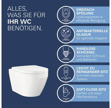 Grohe Wand-WC mit Produktmerkmalen: Dreifach-Spülung, antibakterielle Glasur, randlose Schüssel, leicht zu reinigender Sitz und Soft-Close-Sitz.