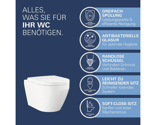 Grohe Wand-WC mit Produktmerkmalen: Dreifach-Spülung, antibakterielle Glasur, randlose Schüssel, leicht zu reinigender Sitz und Soft-Close-Sitz.