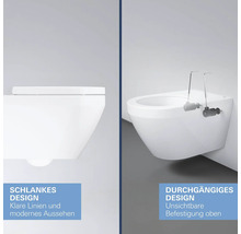 Wand-WC im Detail: Links schlankes Design mit klaren Linien, rechts durchgängiges Design mit unsichtbarer Befestigung von oben.