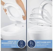 Illustration der Funktionen des Toilettensitzes: Quick-Release-System zum einfachen Abnehmen und Soft-Close-Mechanismus für sanftes Schließen.