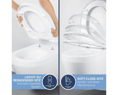 Illustration der Funktionen des Toilettensitzes: Quick-Release-System zum einfachen Abnehmen und Soft-Close-Mechanismus für sanftes Schließen.