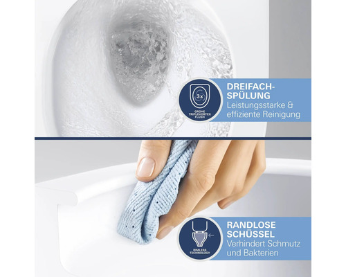 Grohe WC-Technologie: Dreifach-Spülung für kraftvolle Reinigung und randlose Schüssel für einfache Pflege gegen Schmutz und Bakterien.
