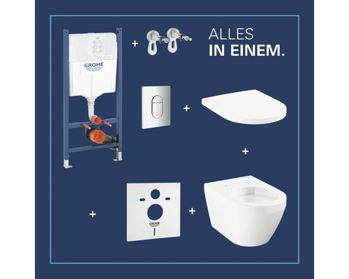 Grohe Komplett-Set für Wand-WC: Vorwandelement mit Spülkasten, Drückerplatte, WC-Sitz, Schallschutz und Wand-WC-Becken.