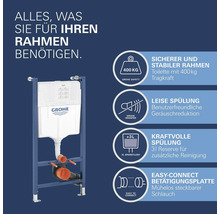 Grohe Vorwandelement mit Spülkasten und Produktmerkmalen: 400 kg Tragkraft, leise Spülung, 3 Liter Spülreserve und Easy-Connect-Schlauch.