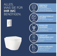 GROHE WC-Set mit Funktionen: Dreifach-Spülung, antibakterielle Glasur, randlose Schüssel, Quick-Release-Sitz und Soft-Close-Mechanismus.