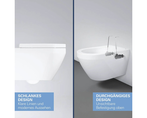 Wand-WC mit schlankem Design, klaren Linien und unsichtbarer Befestigung von oben.