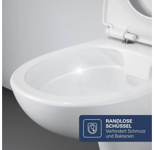 Randlose Toilettenschüssel aus Keramik mit geöffnetem Deckel, Hinweistext erklärt, dass das spülrandlose Design Schmutz und Bakterien verhindert.