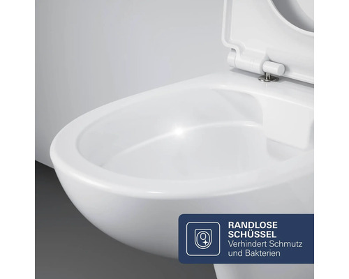 Randlose Toilettenschüssel aus Keramik mit geöffnetem Deckel, Hinweistext erklärt, dass das spülrandlose Design Schmutz und Bakterien verhindert.