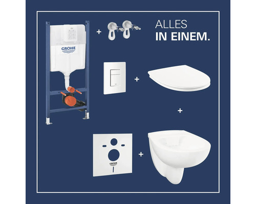 Grohe WC-Komplettset bestehend aus Vorwandelement, Wand-WC, WC-Sitz, Betätigungsplatte und Montagezubehör.