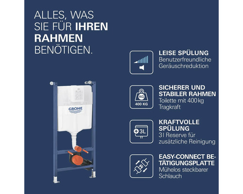 Grohe WC-Vorwandelement: Leise Spülung, stabiler Rahmen bis 400 Kilogramm, kraftvolle Spülung mit 3 Liter Reserve, einfache Schlauchverbindung.