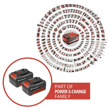 Zwei Einhell Power X-Change 18 Volt Akkus als Teil einer umfangreichen Auswahl an kompatiblen Werkzeugen und Gartengeräten.