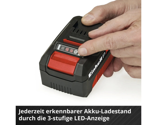 Einhell Akku mit 3-stufiger LED-Ladestandsanzeige, die durch Tastendruck aktiviert wird.