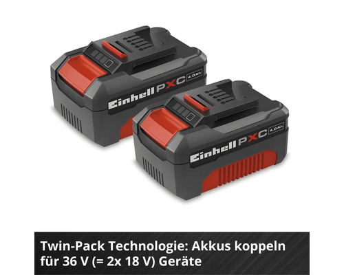 Zwei Einhell Power X-Change Akkus mit 18 Volt und 4,0 Amperestunden als Twin-Pack für 36 Volt Geräte.