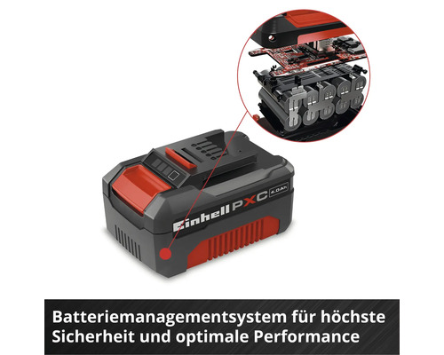 Einhell Power X-Change Akku 4,0 Ah mit Detailansicht des internen Batteriemanagementsystems und der Akkuzellen.