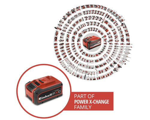 Einhell Power X-Change Akkumulator mit einer Übersicht zahlreicher kompatibler Werkzeuge und Gartengeräte des Systems.
