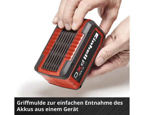 Einhell Power X-Change Akku mit Griffmulde für die einfache Entnahme aus Geräten.