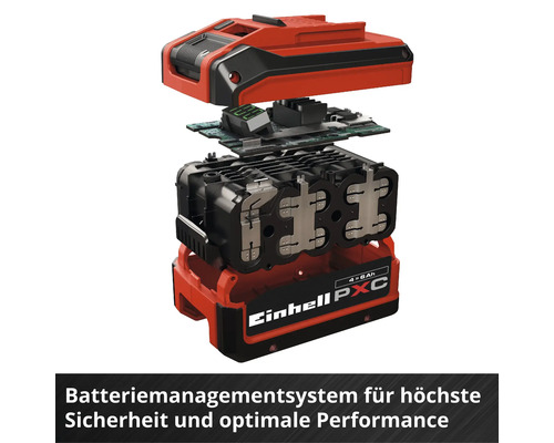 Explosionszeichnung eines Einhell Power X-Change Akkus mit Batteriemanagementsystem, Leiterplatte und Akkuzellen.