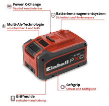 Einhell Power X-Change Akku mit Multi-Ah-Technologie für 4 oder 6 Amperestunden, Batteriemanagementsystem, Griffmulde und Softgrip.
