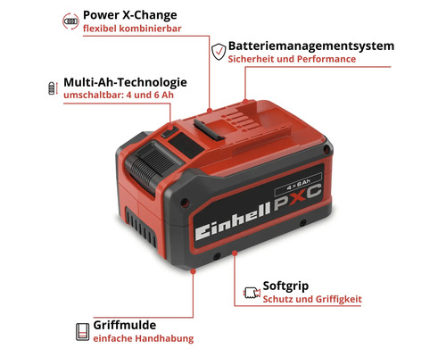 Einhell Power X-Change Akku mit Multi-Ah-Technologie für 4 oder 6 Amperestunden, Batteriemanagementsystem, Griffmulde und Softgrip.