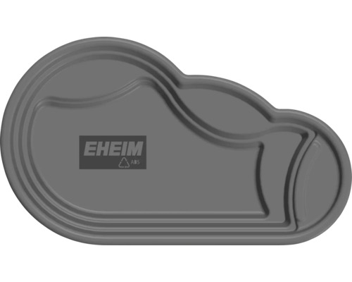 EHEIM Fertigteich in organischer Form mit verschiedenen Tiefenzonen und EHEIM Logo, Draufsicht.