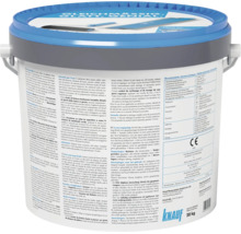 20 Kilogramm Eimer Knauf Uniflott Finish Spachtelmasse mit blauem Deckel und detaillierten Produktinformationen auf dem Etikett. Knauf Logo.