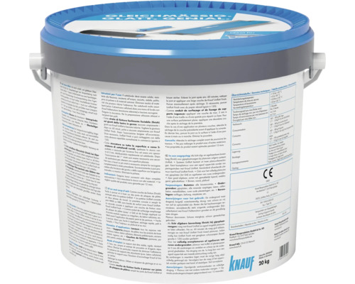 20 Kilogramm Eimer Knauf Uniflott Finish Spachtelmasse mit blauem Deckel und detaillierten Produktinformationen auf dem Etikett. Knauf Logo.