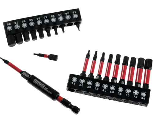 WGB Bit-Satz mit 10 Sechskant-Bits, Bithalter mit WGB Logo und Halterungsschienen. Größen von 1,5 bis 8,0 Millimeter.